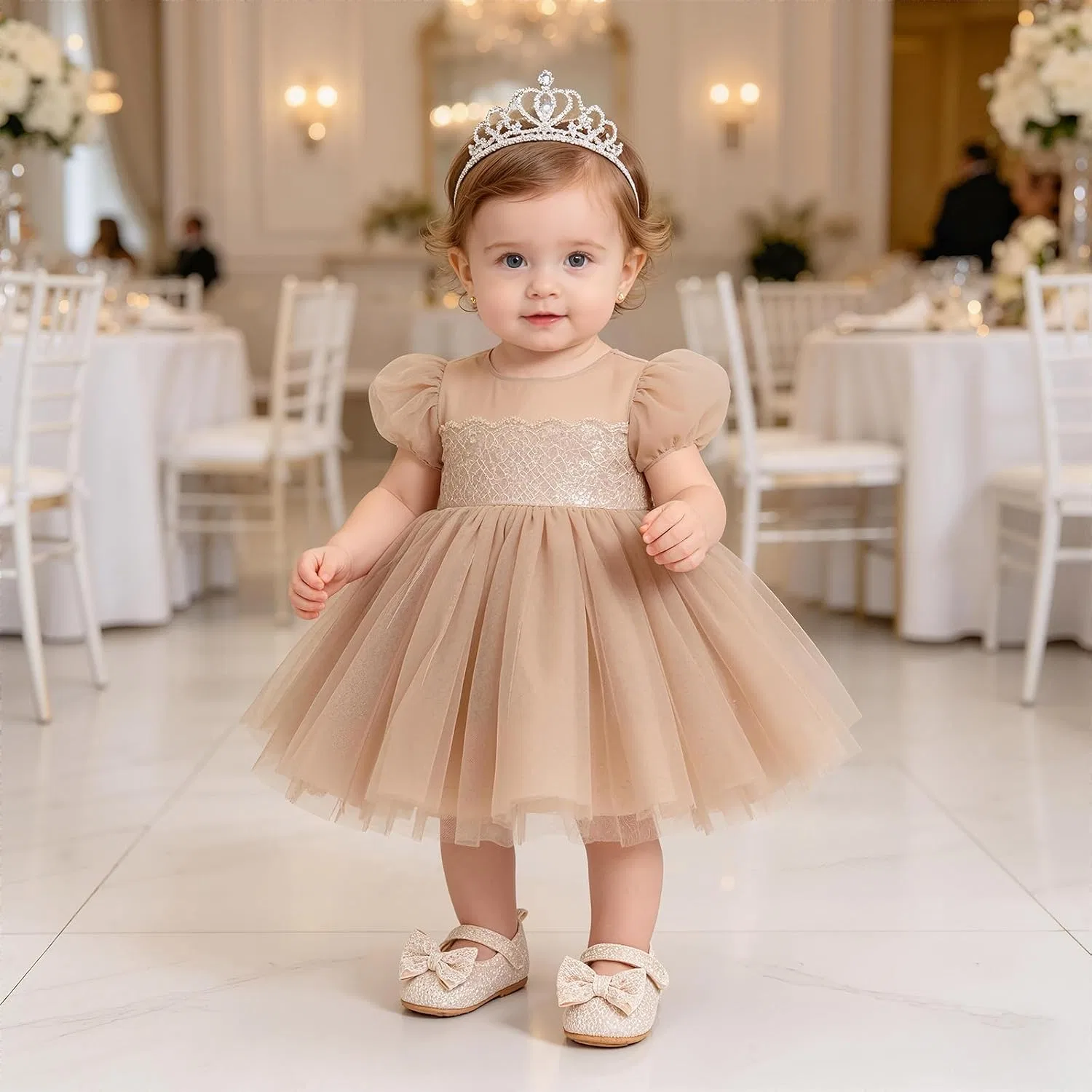 Детские туфли Мэри Джейн с пайетками для девочек ESTAMICO, Beige — фото 2