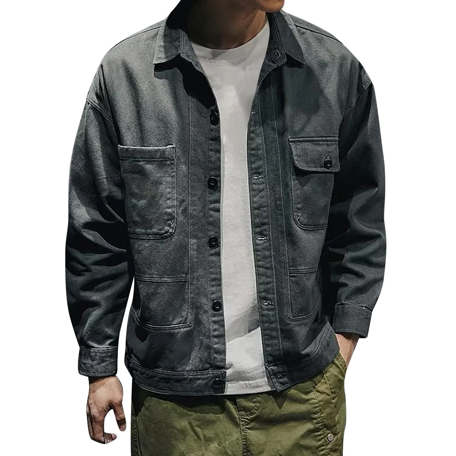Мужская джинсовая куртка с потертостями и длинным рукавом, Z01-grey Men's Denim Jacket
