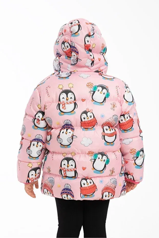Детское пальто для девочек пуховое с принтом Penguin Candy Outriverkids, Pink — фото 4