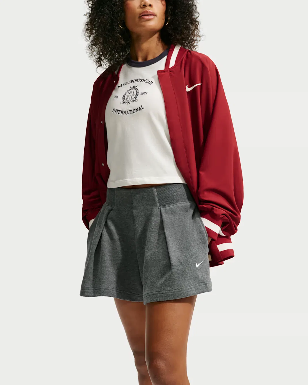 Женские плиссированные шорты с высокой посадкой Nike Studio Fleece Lightweight "French Terry", Charcoal Heather/Sail — фото 4