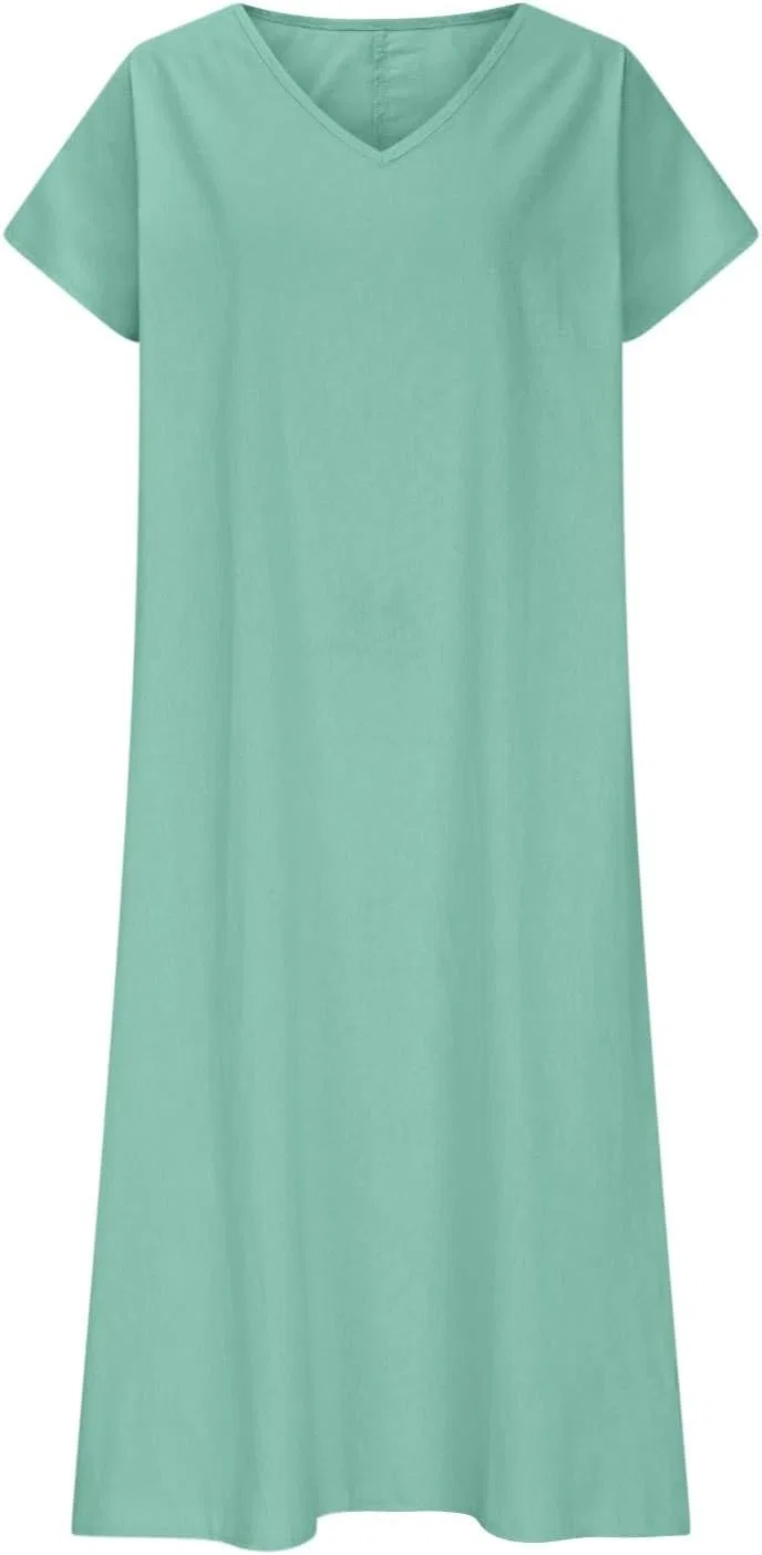 Женское летнее платье макси из льна с V-образным вырезом, Flowy Boho, Turquoise — фото 4