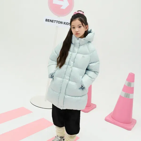Пуховик длинный с капюшоном и сборками, Benetton Kids — фото 2