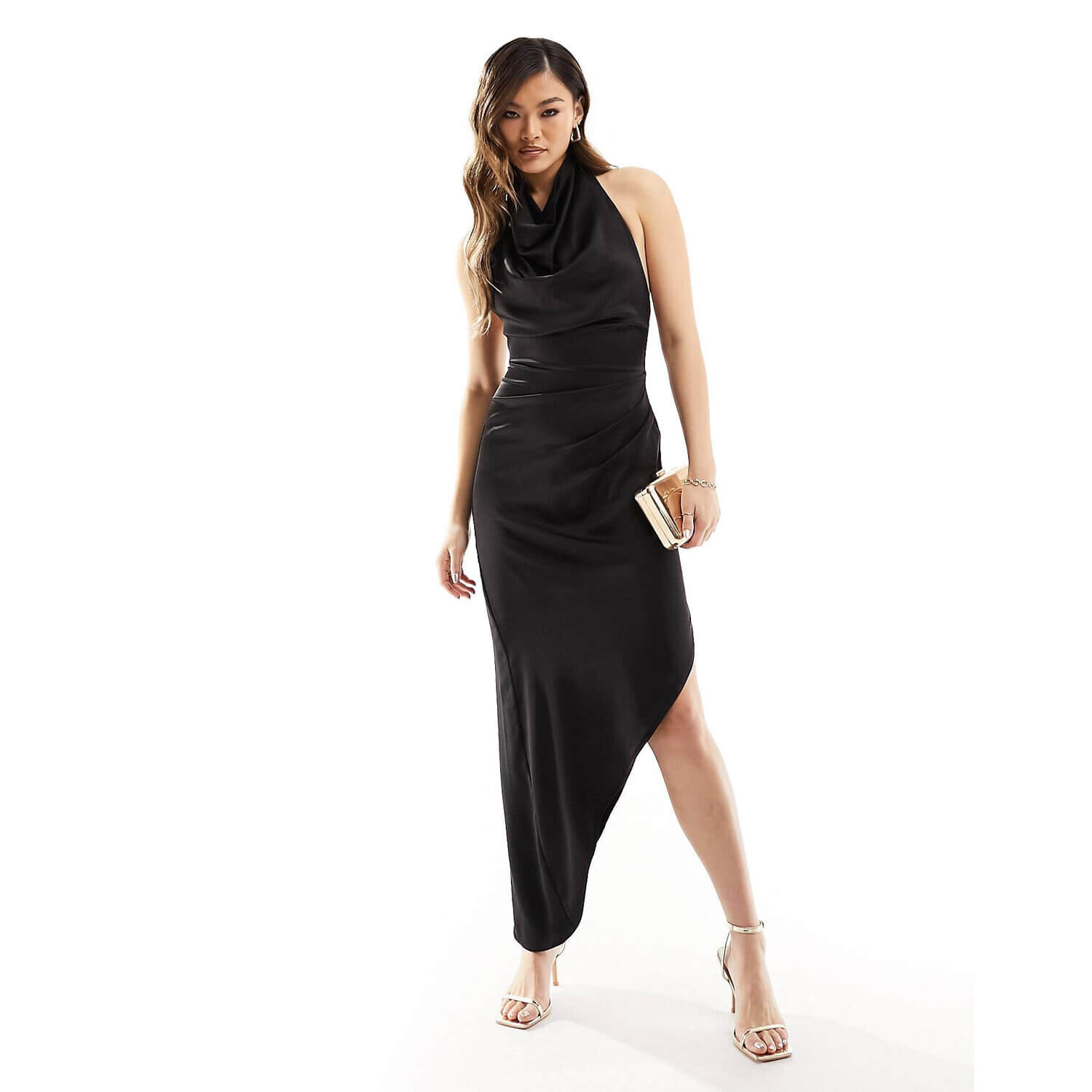 

Платье Flounce London High Cowl Neck Asymmetric Satin Midi, черный