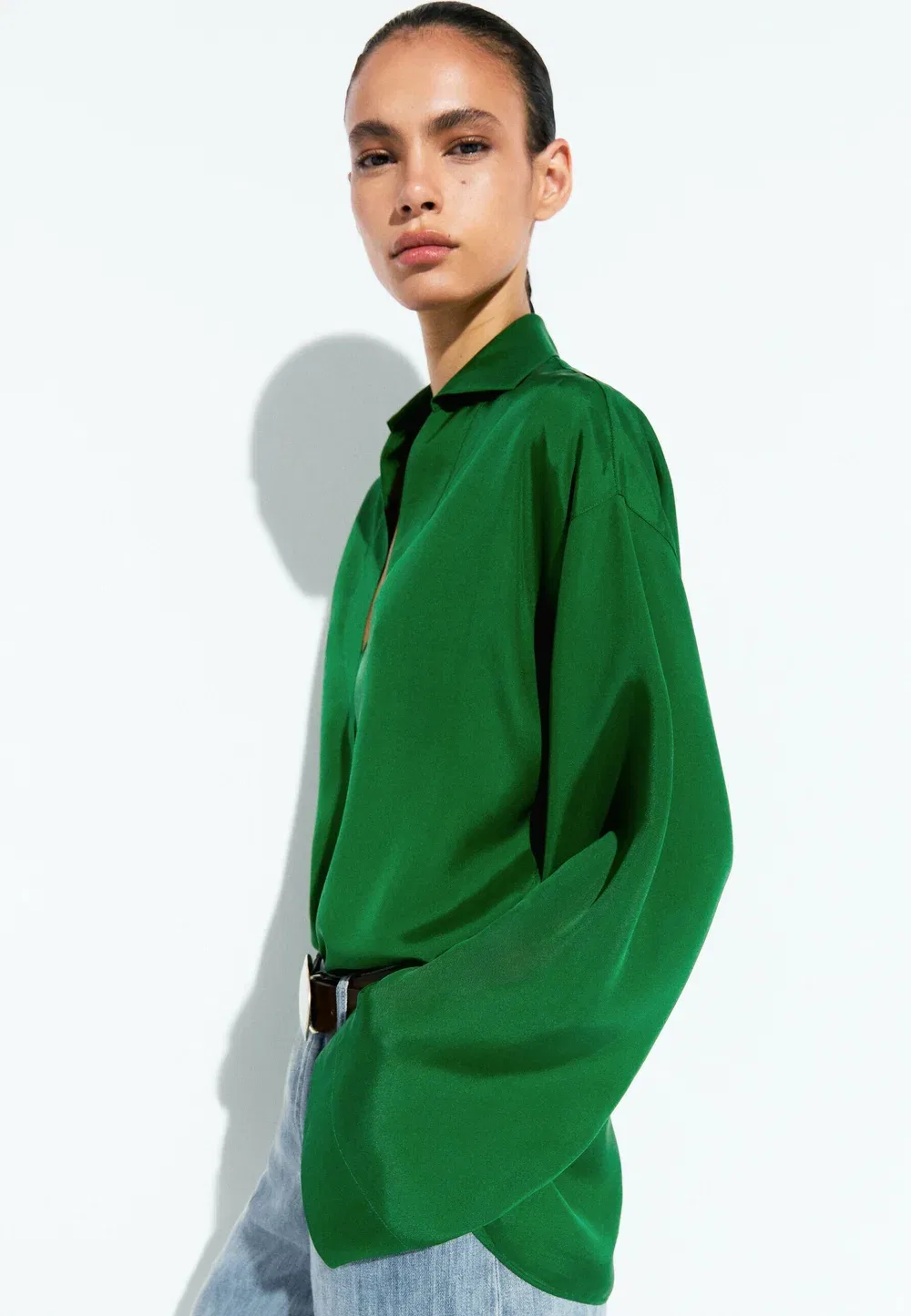 Поло-Рубашка с длинными рукавами, свободная, туника Massimo Dutti, Mottled Dark Green — фото 4