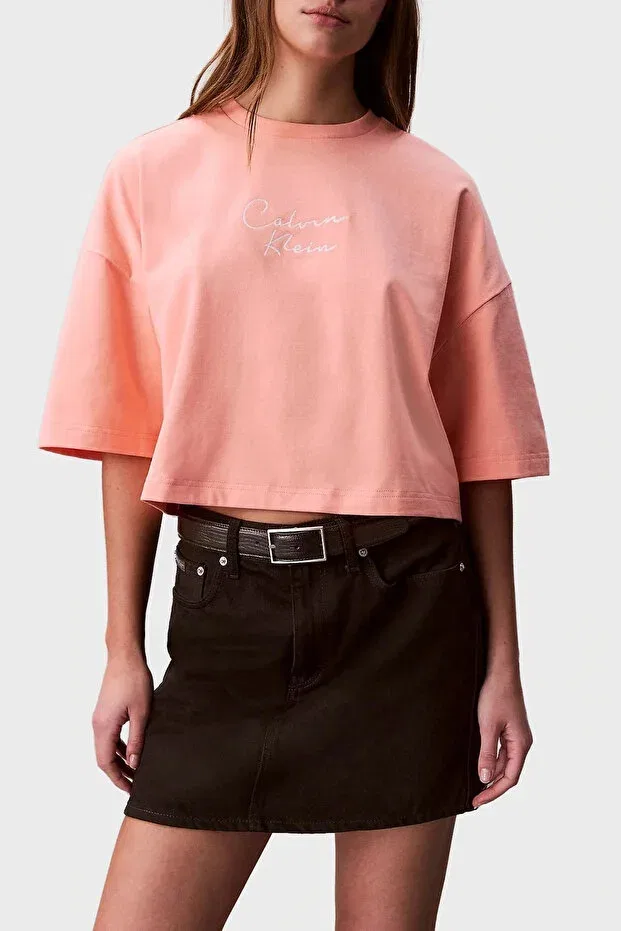 Женская хлопковое укороченное футболка Calvin Klein, Orange