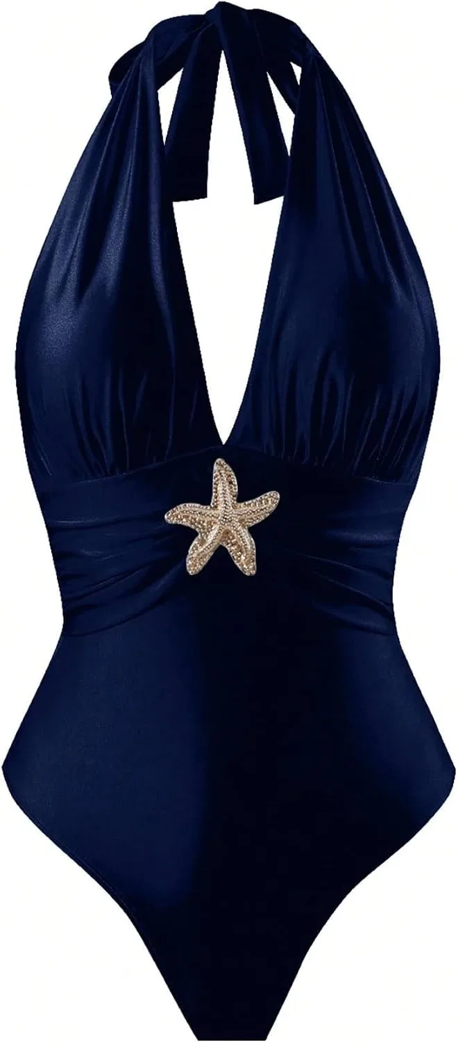 Женский цельнокроеный купальник с драпировкой на груди, Navy Blue — фото 3