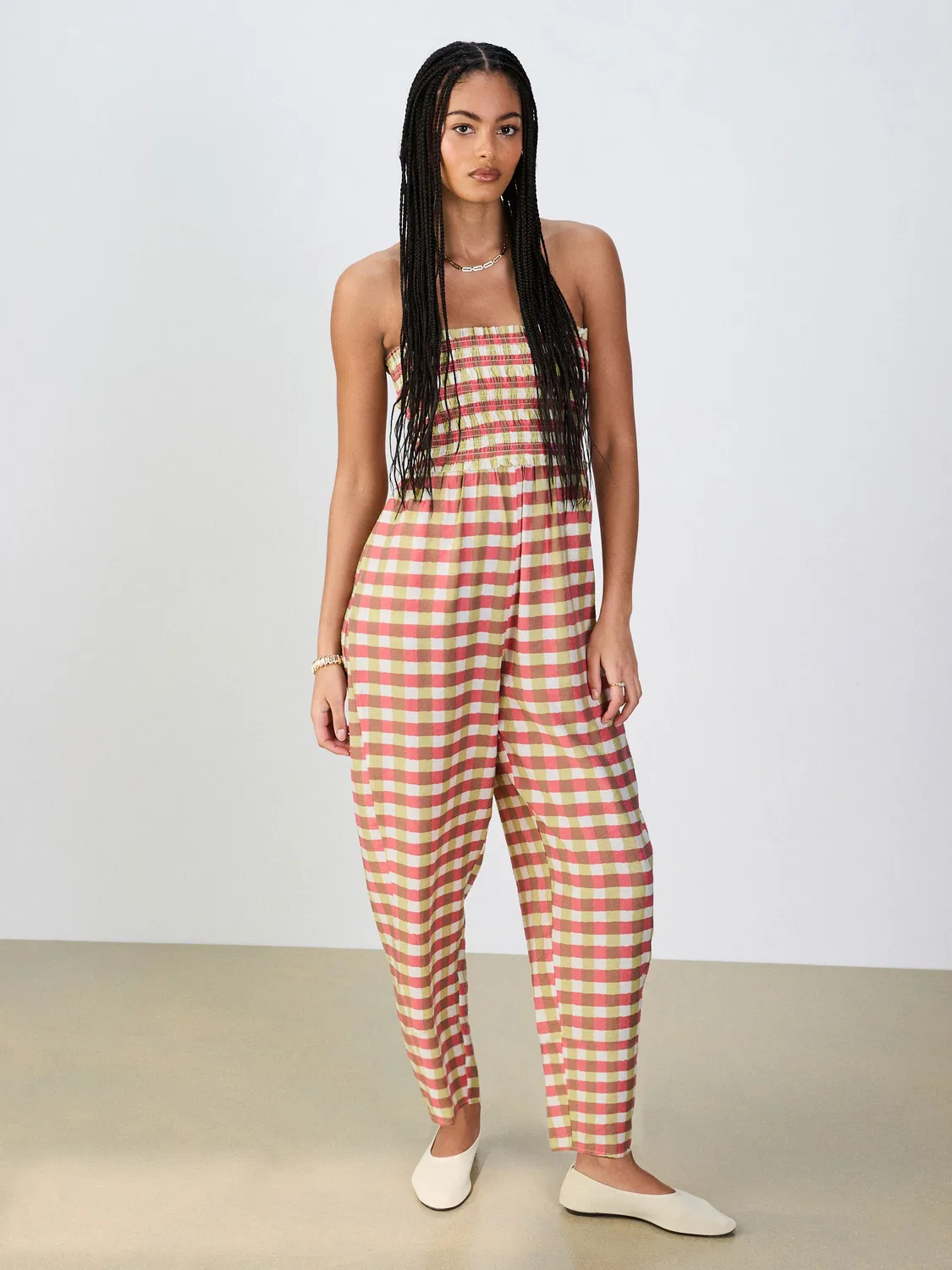 Комбинезон с бандо, шитье, модель Barrel Leg Next, Pink/Green Gingham