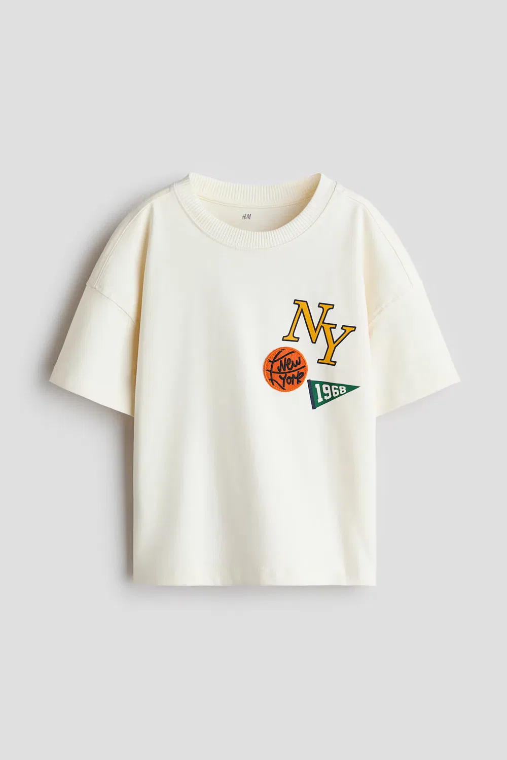 Хлопковая футболка с принтом, свободного кроя H&M, Cremefarben/Nyc — фото 4