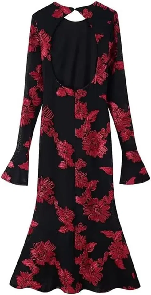 Женское платье миди с аппликацией ретро O-Neck Flare Sleeve, Black — фото 3