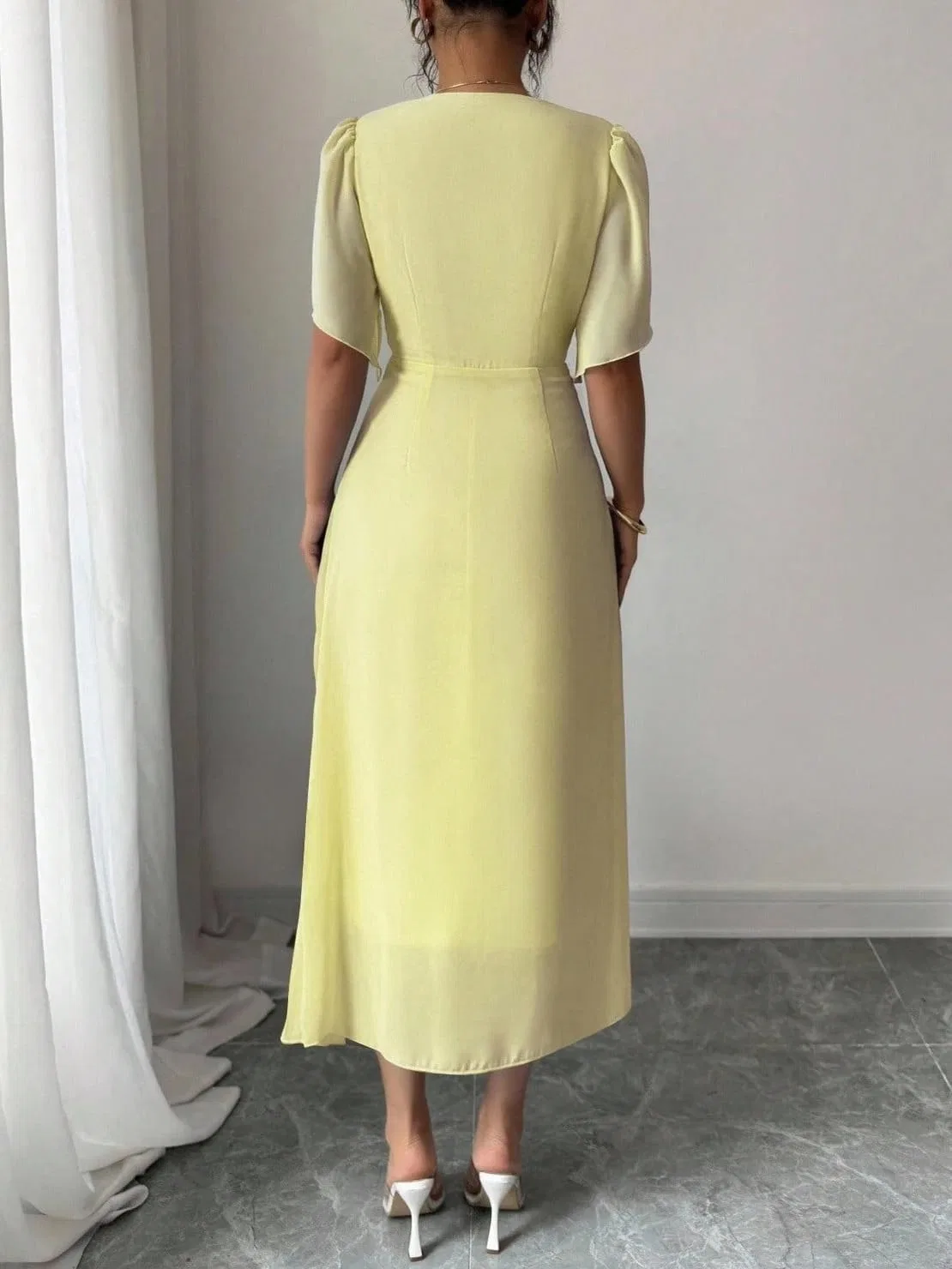 Женское элегантное платье миди с рукавом-фонарик A-Line, Yellow — фото 2