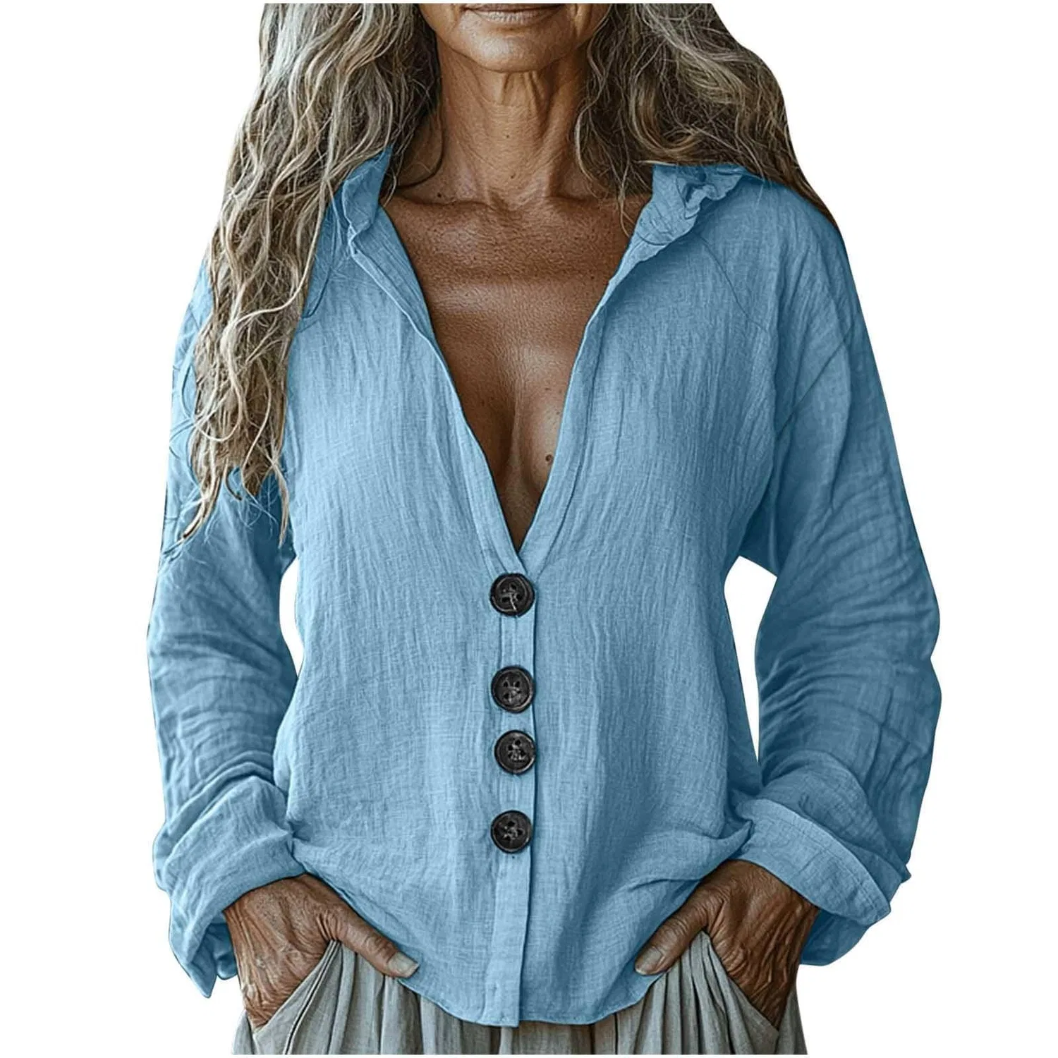 Женская льняная рубашка с длинным рукавом с принтом Vintage Bohemian, Blue