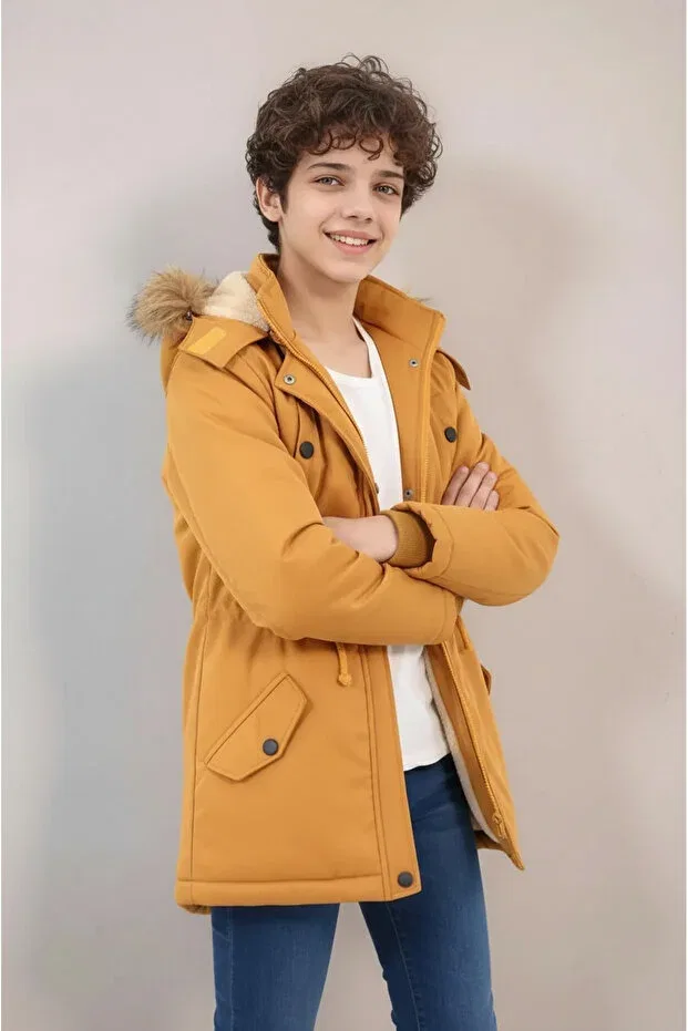 Детское пальто для девочек с капюшоном Hooded long boy's winter coat with fleece inside Wild Flower, Hardal