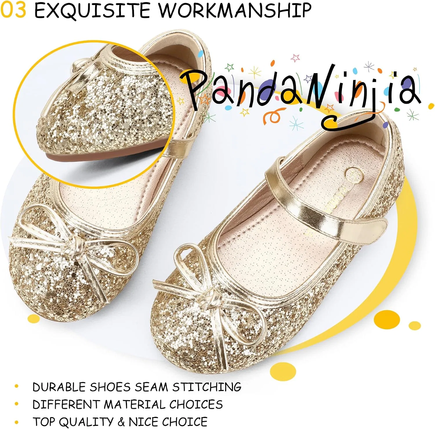 Детские балетки для девочек с бантом Mary Jane PANDANINJIA, Gold Sequin — фото 4