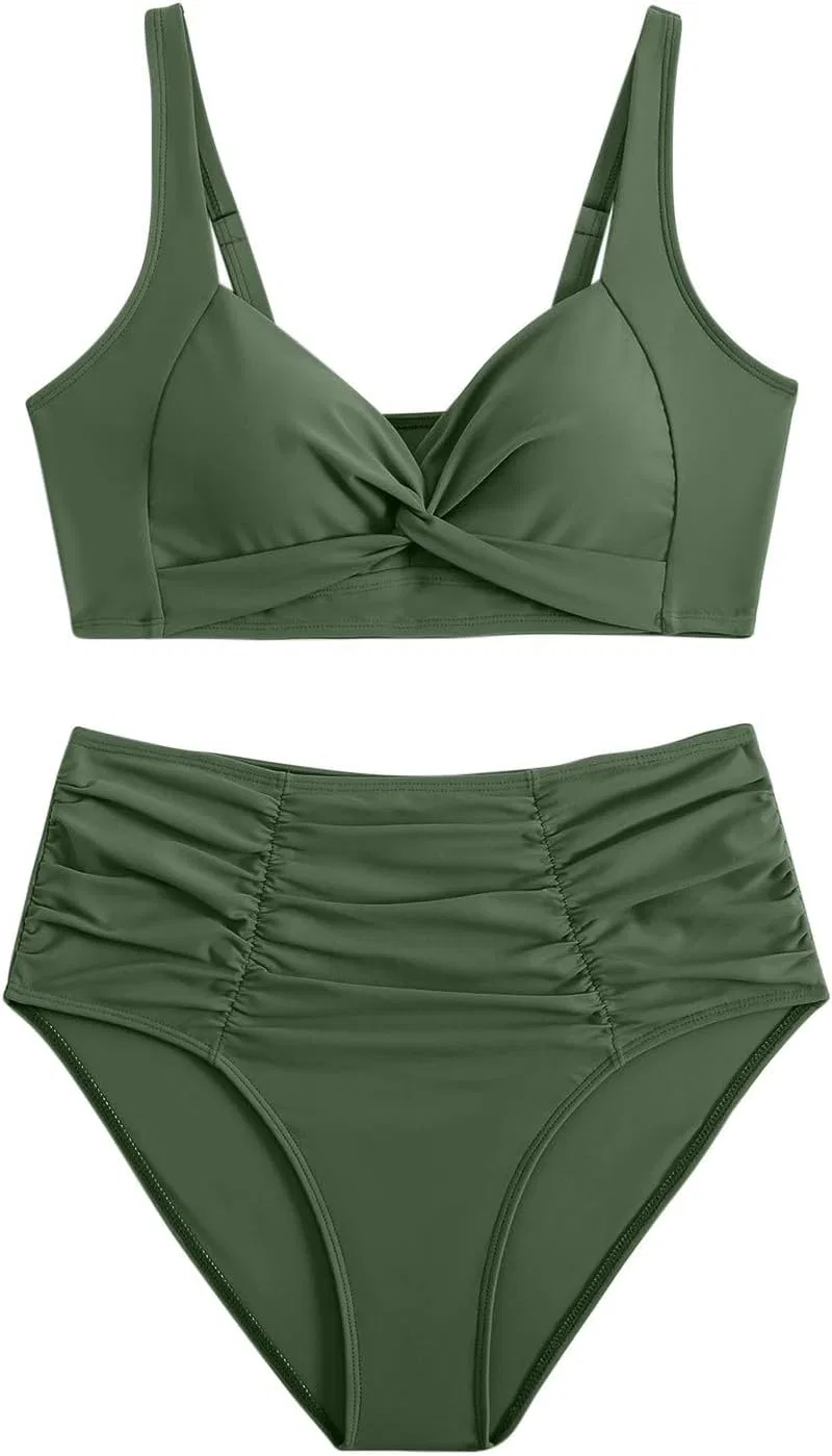 Женский купальный костюм с высокой талией и цветочным принтом, Army Green — фото 3