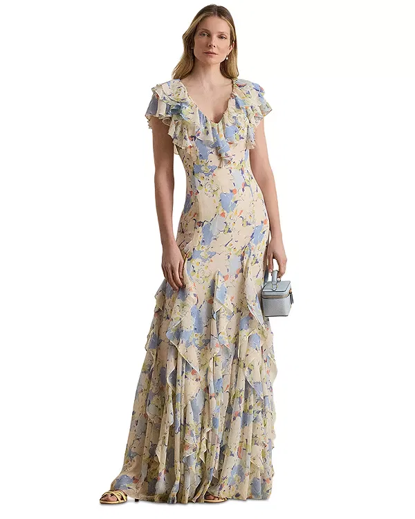 Женское платье с принтом Floral Ruffle Trim Georgette Gown Ralph Lauren, Blue Multi