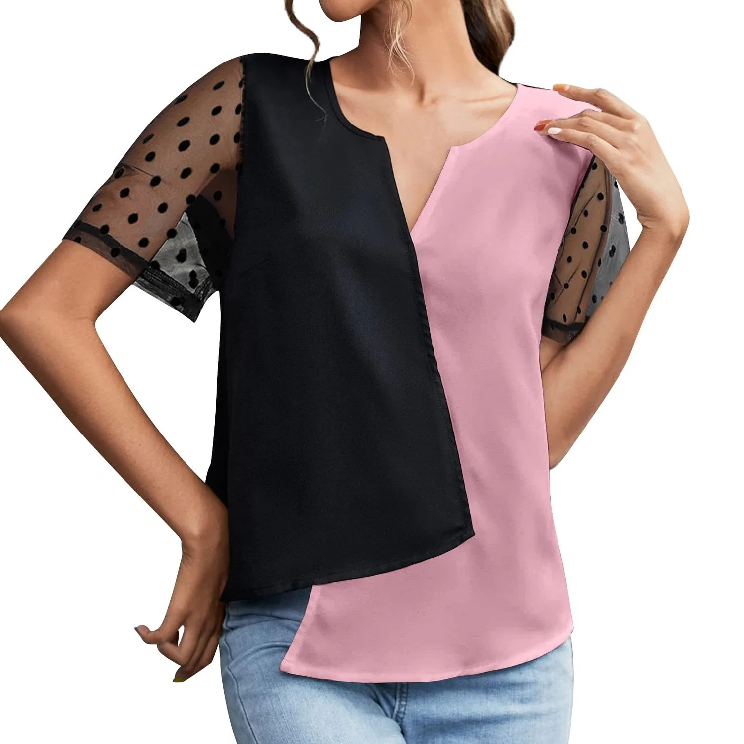 Женский асимметричный топ с контрастной отстрочкой, Colore: Rosa