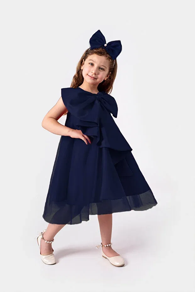 Детское платье для девочек с открытыми плечами Prom Melek Golden, Navy Blue — фото 2