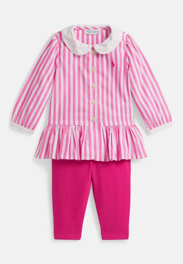 Комплект: блуза и леггинсы, хлопок, Striped poplin top & jersey legging set, Polo Ralph Lauren, Desert Pink/White, белый/розовый