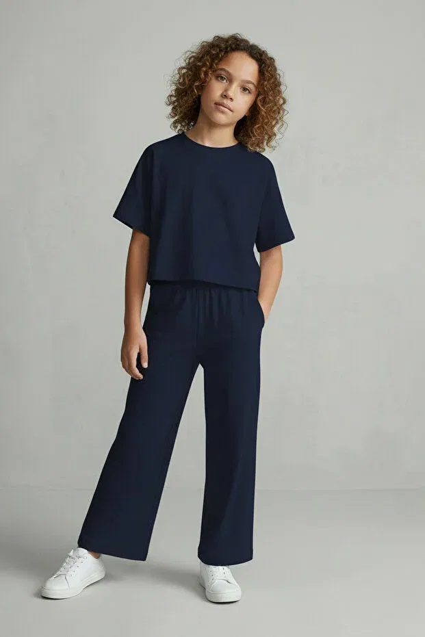 Детские брюки для девочек с принтом Lumy combed cotton girls' wide-leg summer trousers Colorinas, Navy Blue — фото 2