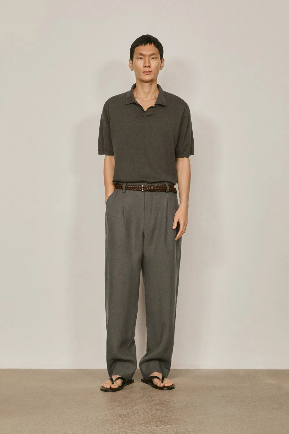Вязаный поло из хлопка и льна - лимитированная серия Massimo Dutti, Dark Khaki