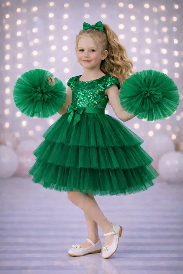 Детское платье для девочек вечернее с пайетками с длинным рукавом Rumi Kids, Green