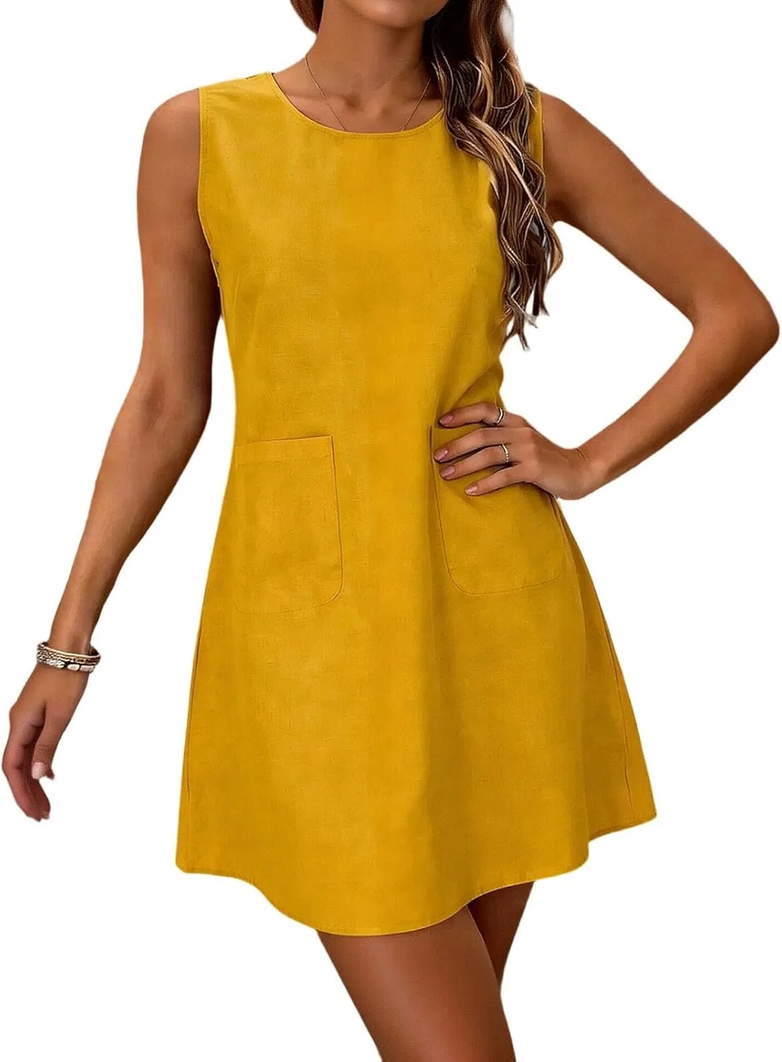 Женское мини-платье A-силуэта с карманами Linen, Yellow