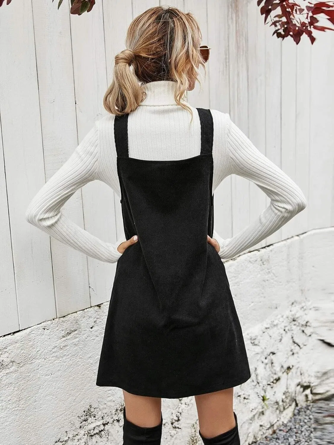 Женское повседневное платье-сарафан из вельвета Button Front, Black — фото 3