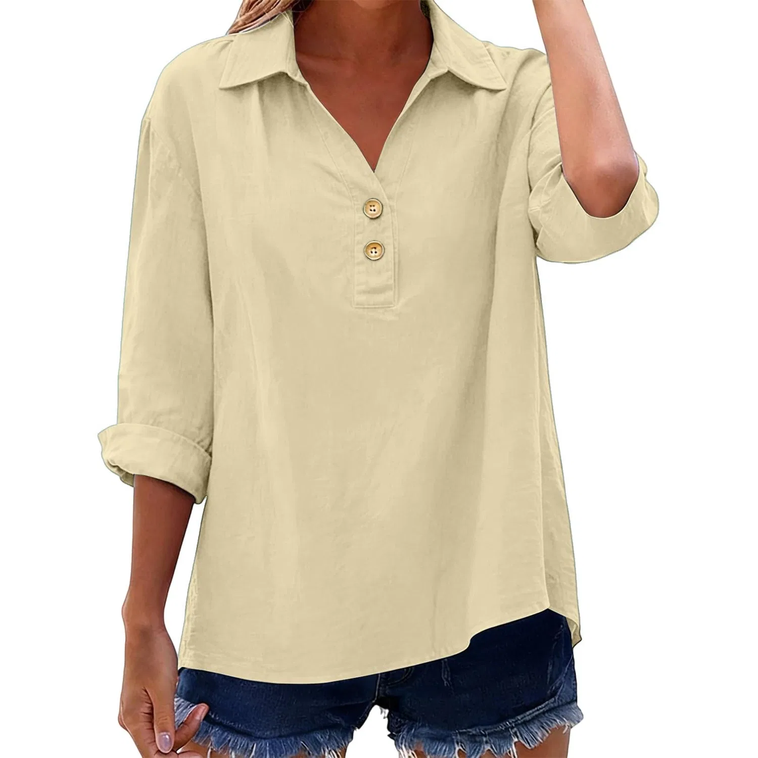 Женская блуза с коротким рукавом из хлопка и льна, Beige — фото 2