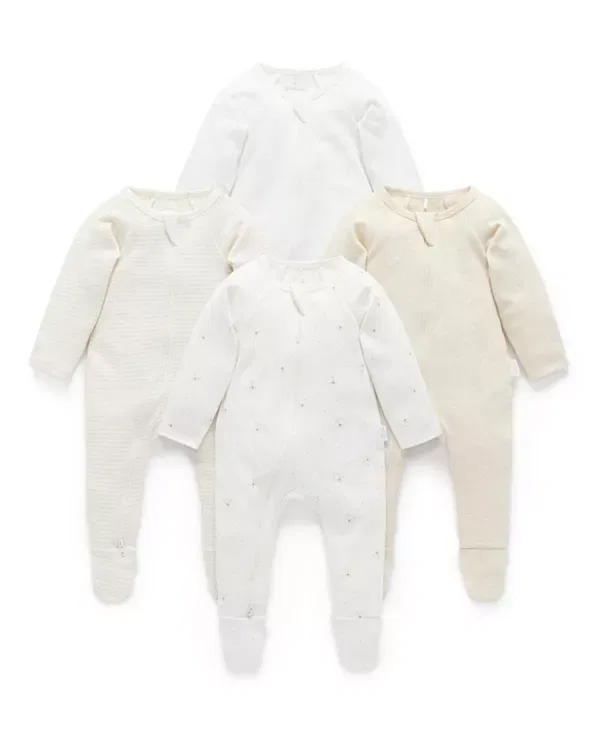 Детский комбинезон с длинным рукавом 4-предметный набор Unisex 4 pack zip footie - baby Purebaby, Vanilla Bear Pack