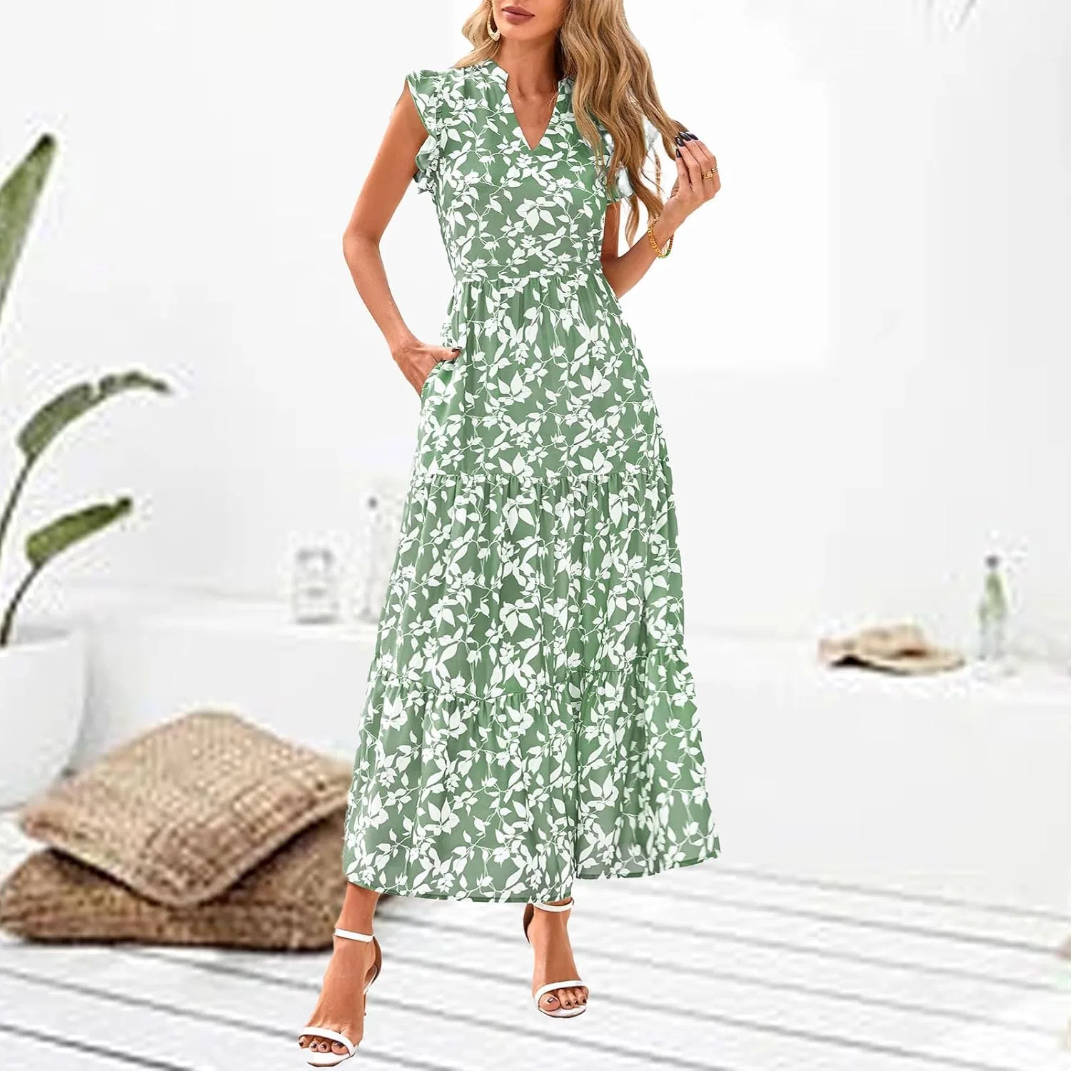 Женское макси-платье с цветочным принтом, Cap Sleeve V Neck Ruffle Tiered, Light Green — фото 2