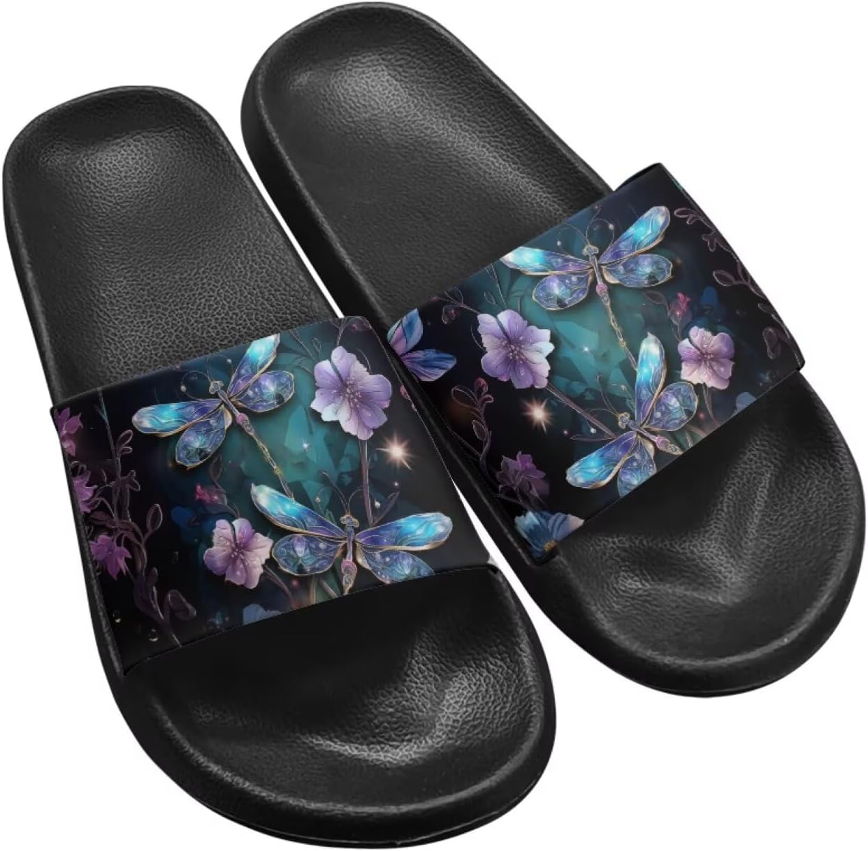 

Женские шлепанцы Jeiento с открытым носком, сандалии-бабочки, нескользящая резиновая подошва, для душа, ванной, пляжа, бассейна, Flower Galaxy Bling Dragonfly
