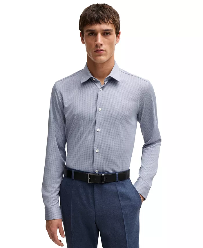 

Мужская рубашка-рубашка с узором Performance Slim-Fit Hugo Boss, синий