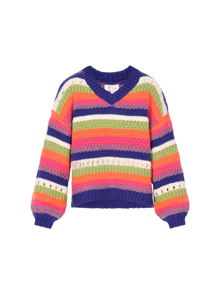 

Женский свитер синего цвета с разноцветными вставками IZIA