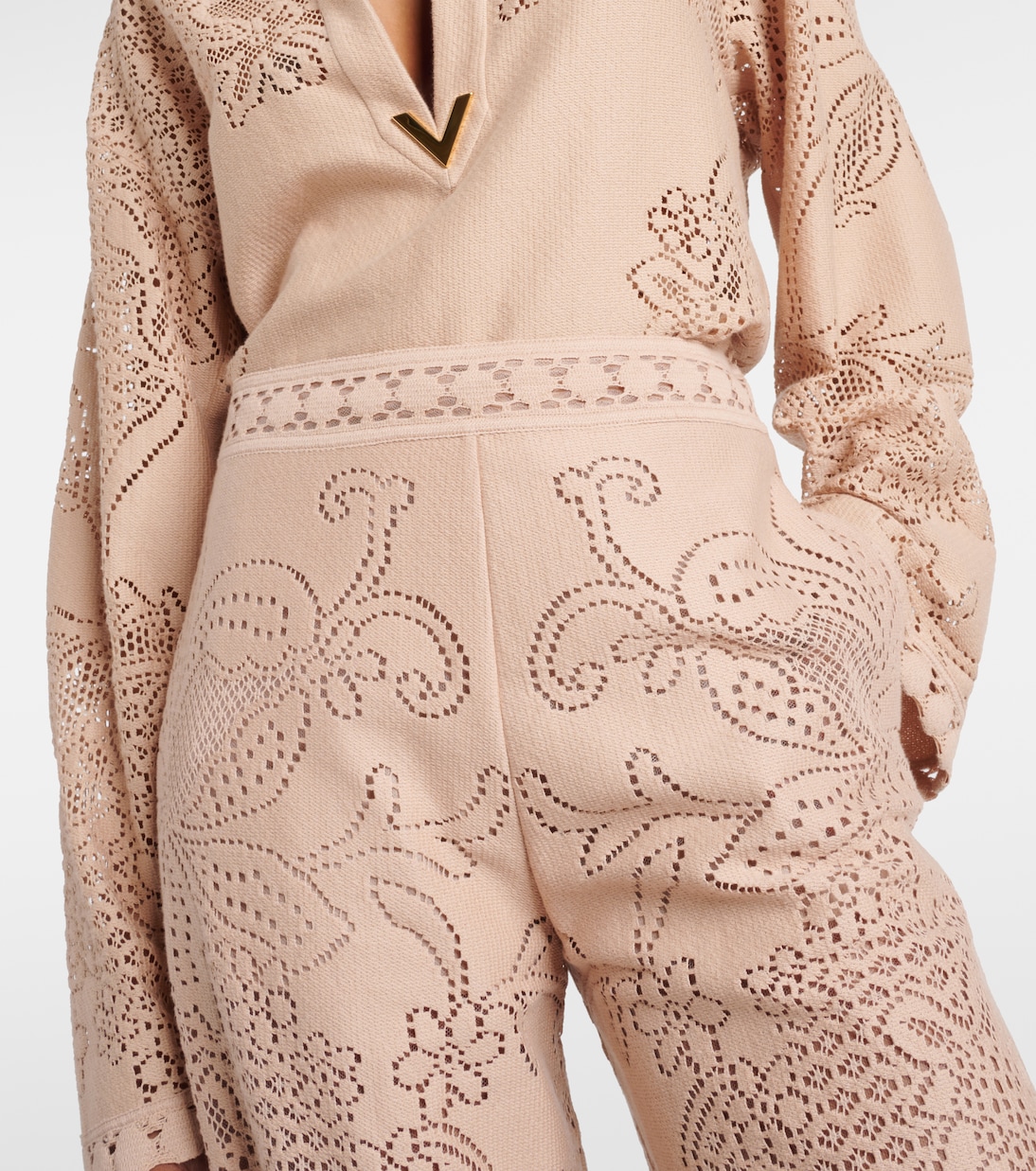 Широкие брюки из гипюрового кружева Valentino, Poudre — фото 4