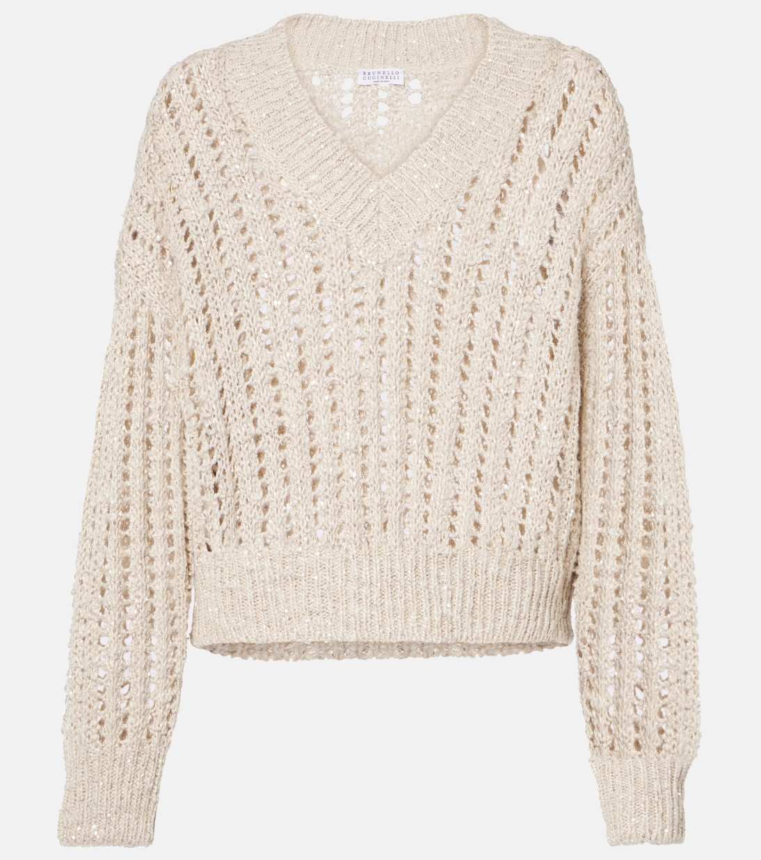 

Украшенный свитер из смеси шелка и льна Brunello Cucinelli, Pietra +Stracciatella