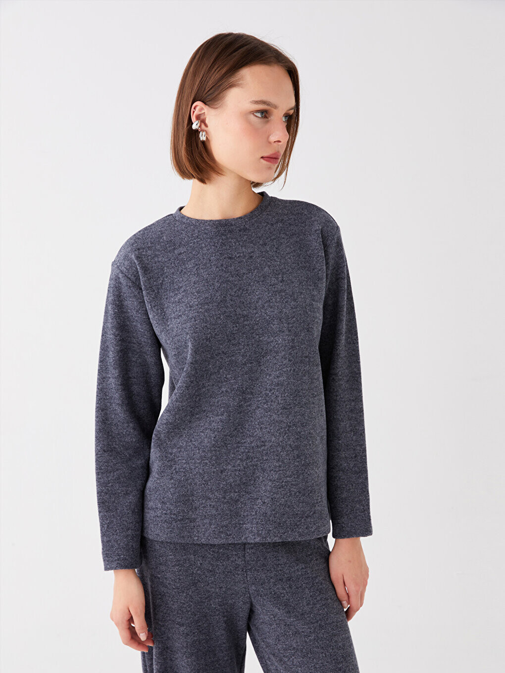 

Однотонная женская толстовка с круглым вырезом и длинными рукавами LCW Casual, темно-серый меланж