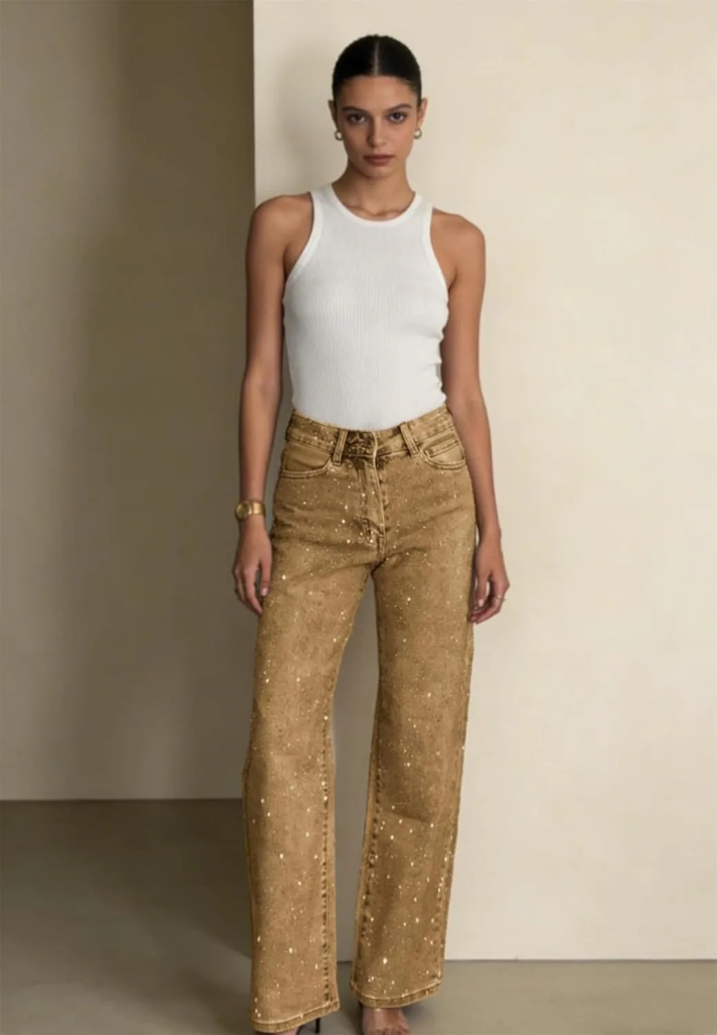 Женские джинсы с блестками Baggy Y2k High Waist Wide Leg Denim Pants Straight Leg Stretchy — фото 3