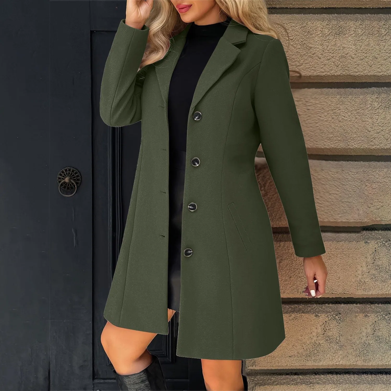 Женское пальто с корейским воротником из плотной шерстяной смеси Peacoat, 02 verde militare — фото 2