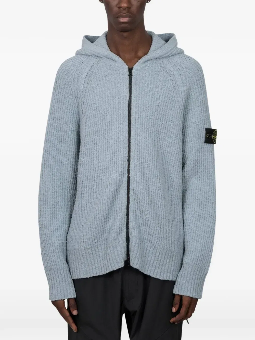Полноразмерный свитер из хлопкового букле с капюшоном на молнии Stone Island, серый
