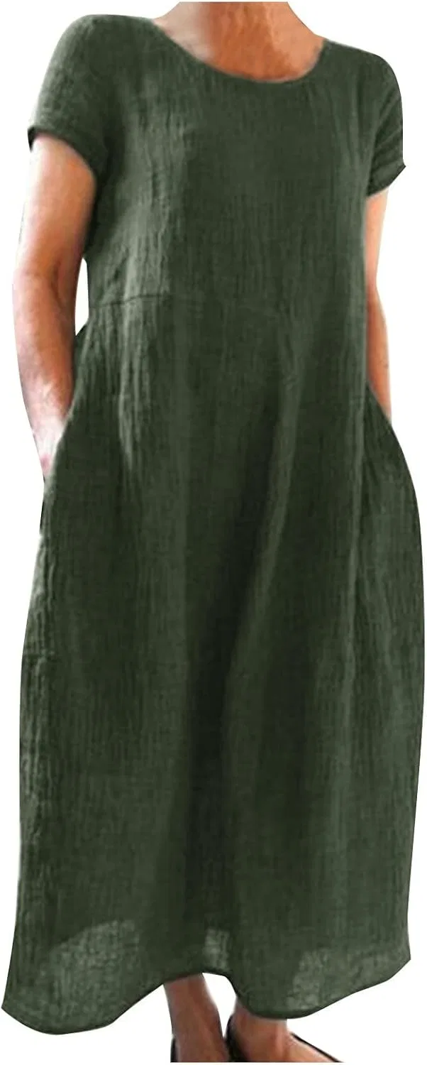 Женское льняное миди платье оверсайз с коротким рукавом, Army Green