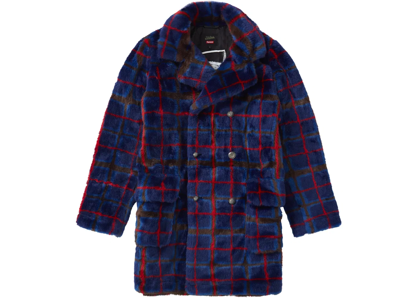 Мужское пальто из искусственного меха с принтом в клетку Supreme Jean Paul Gaultier Double Breasted Plaid Faux Fur Coat, Blue