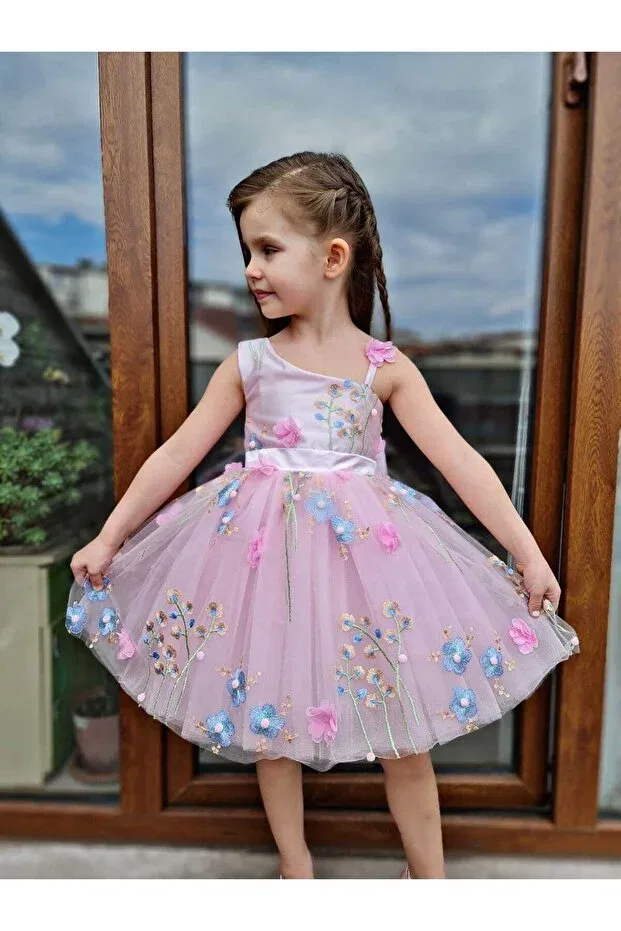 Детское платье для девочек с принтом One-Shoulder Floral Evening Dress Sare Çocuk Giyim, Pink