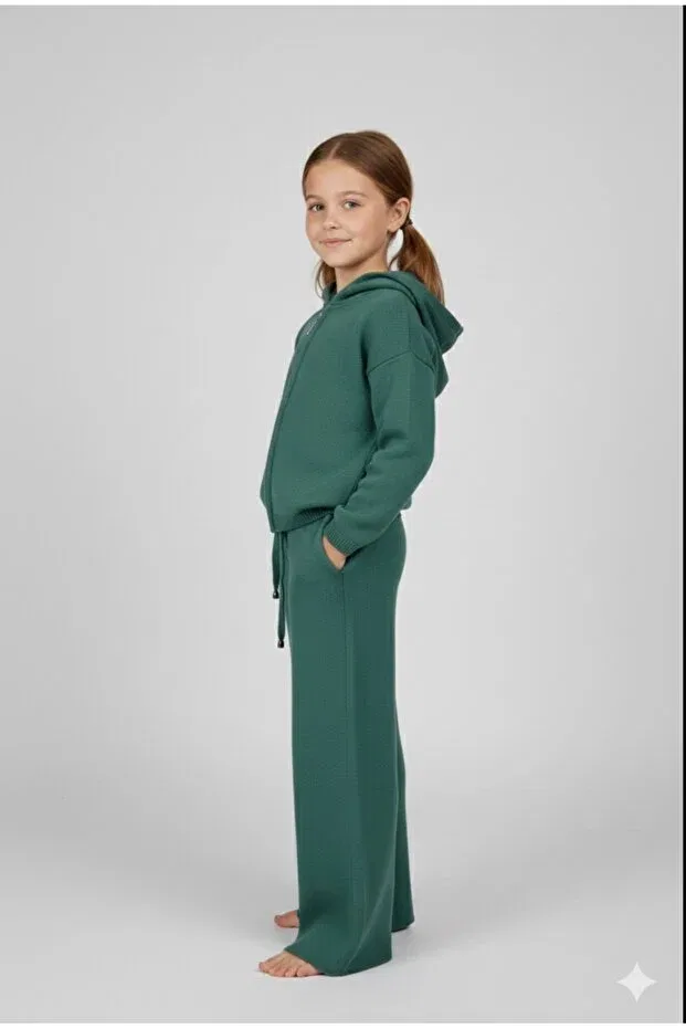 Детский кардиган с капюшоном на молнии, модель Girl'S hooded zippered knitwear cardigan set green color 6/14 years, Ada Yildiz Kids, Green — фото 2