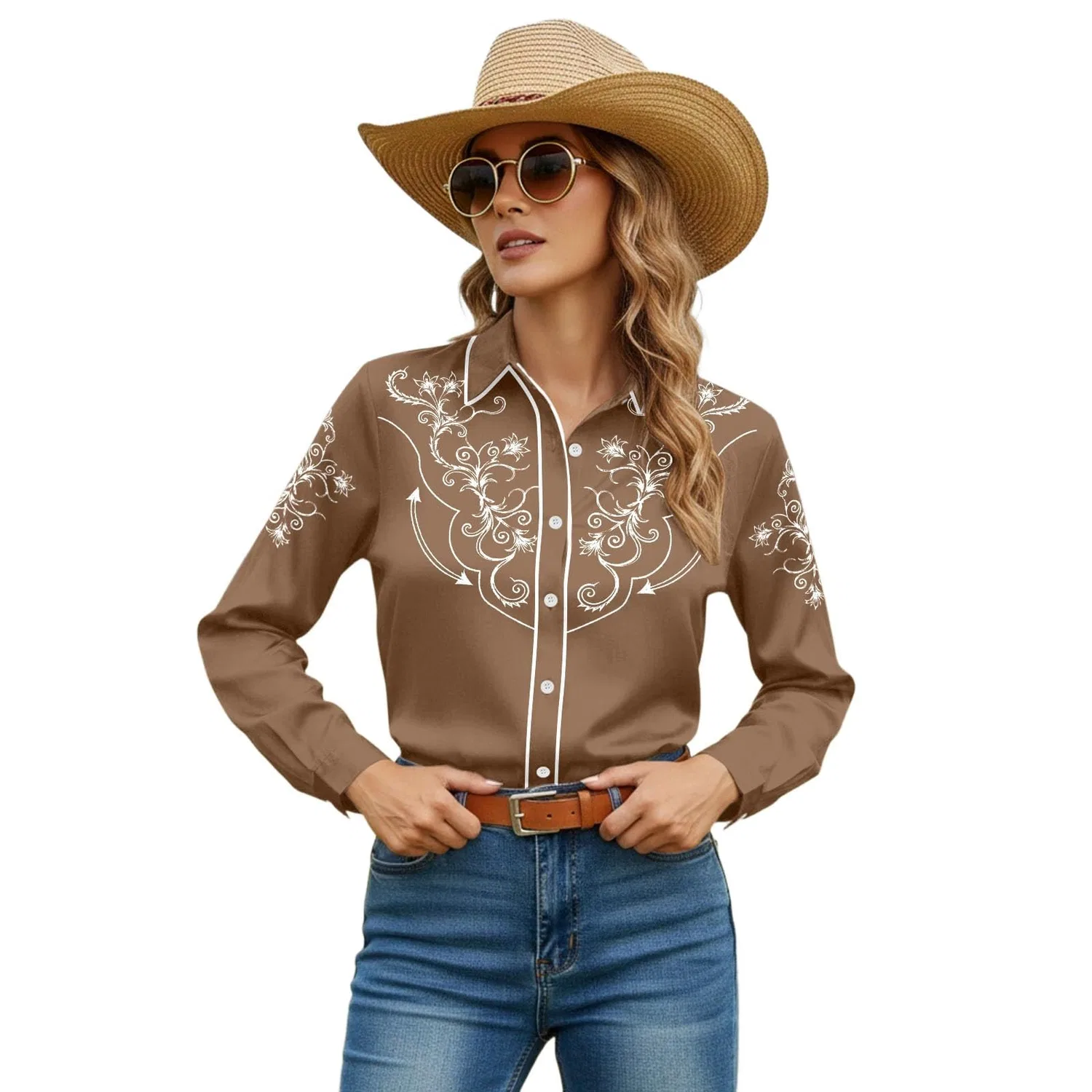 Женская блузка с принтом Cowboy Print Slim Fit, Mocha