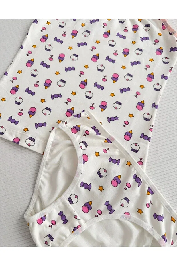Детский комплект для девочек с принтом Girls Printed Rope Strap Tank Top And Slip Set Alya Underwear, Ice Cream Printed — фото 4