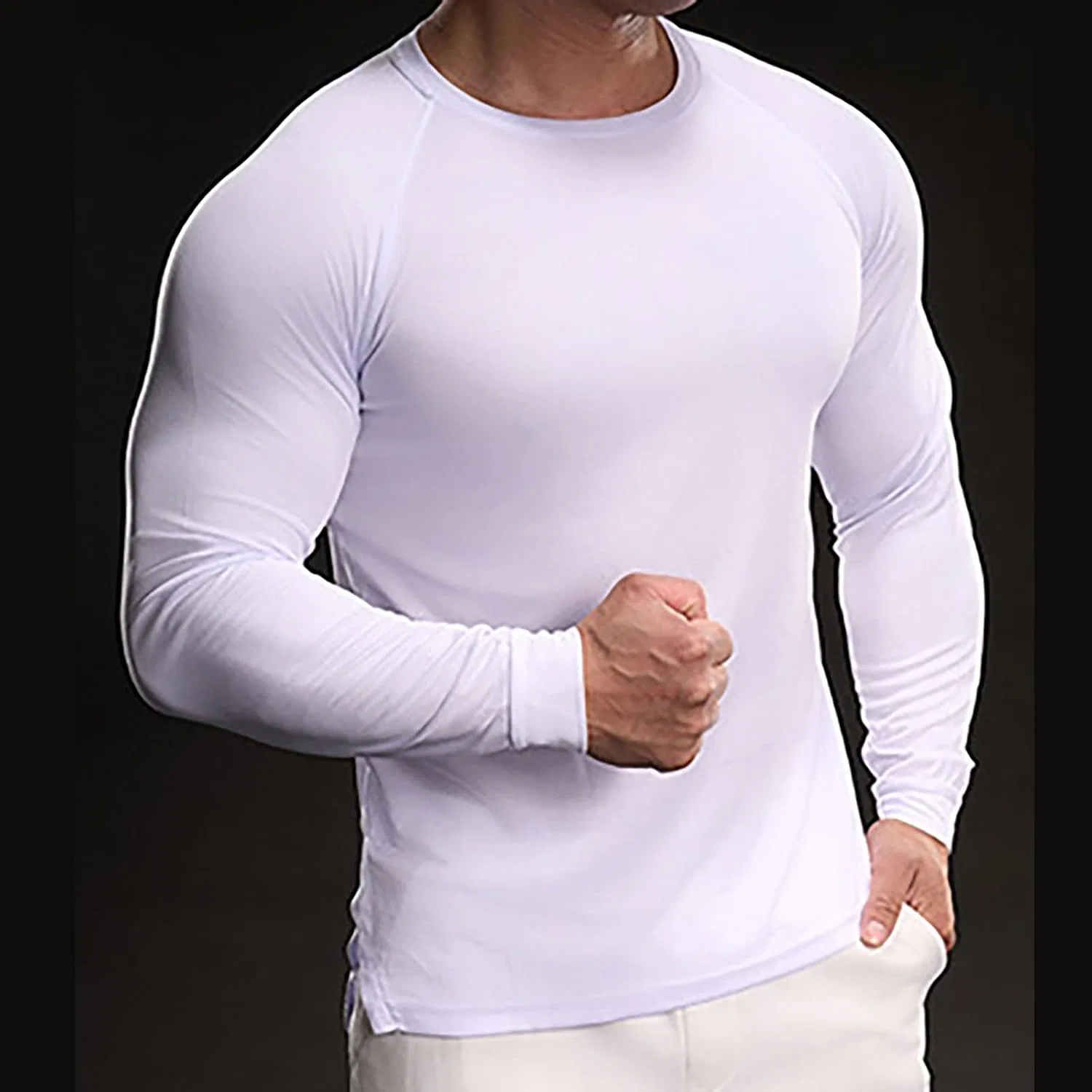 Мужская компрессионная футболка с длинным рукавом для фитнеса, White — фото 3