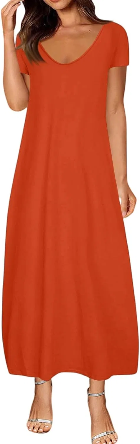 Женское летнее платье миди с глубоким V-образным вырезом, Short Sleeve Dress for Women, Saffron