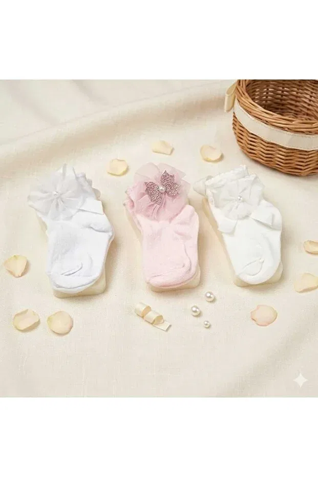Детские носки для девочек хлопковые набор 3 пары Pearl and ribbon detailed baby girl socks set of 3 Thagos, Multicolor