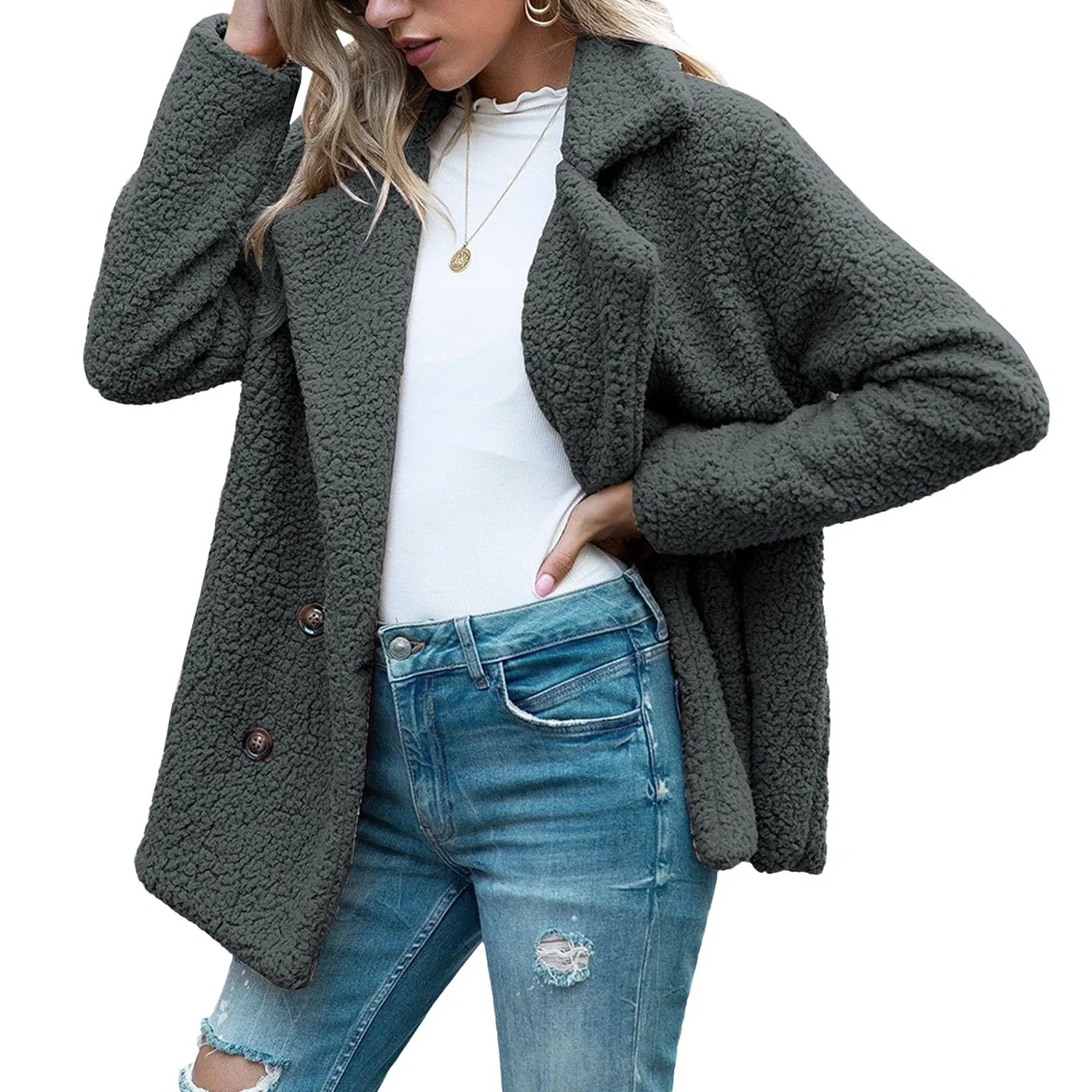 Женское длинное пальто из искусственного меха с принтом, модель Oversized Warm Jacket, dark grey — фото 4