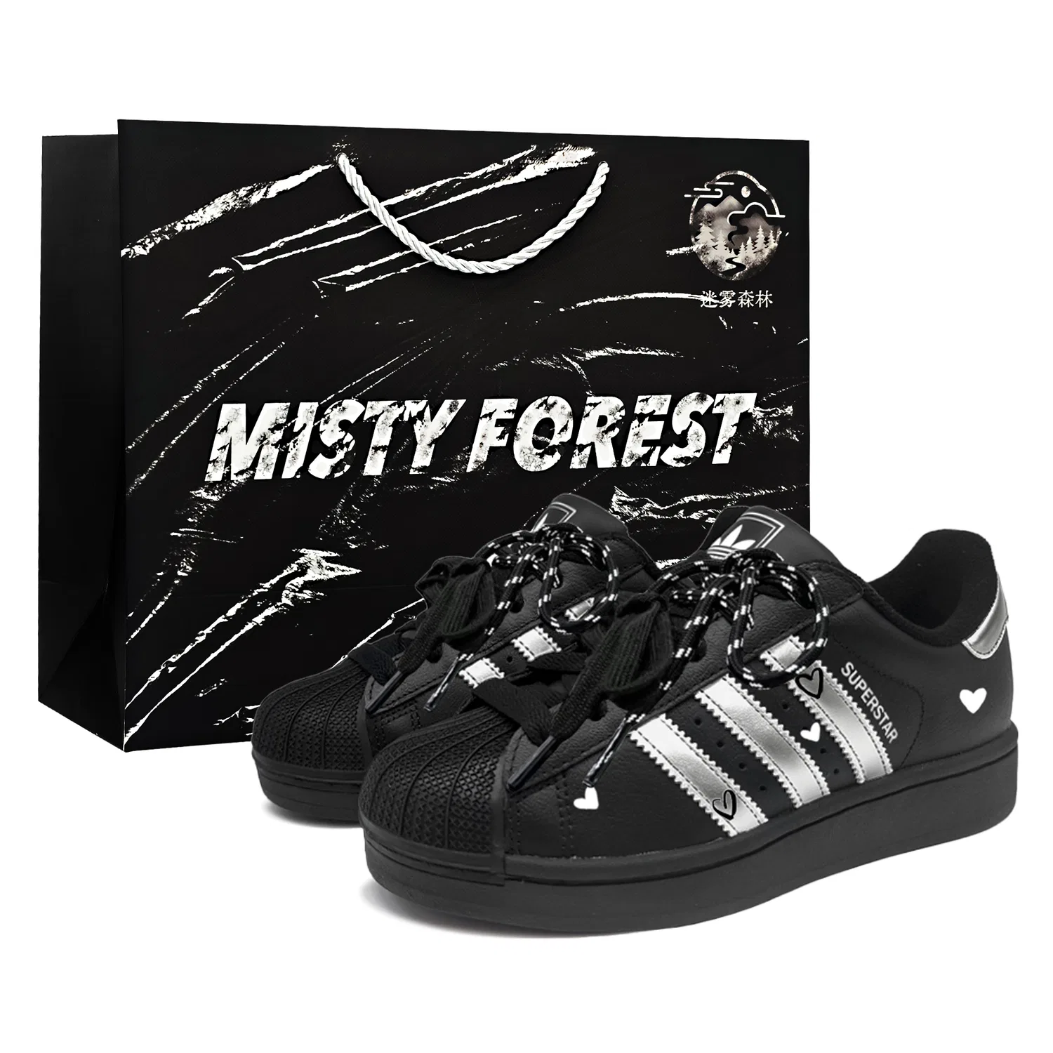 Детские кеды Superstar 2 с принтом, черно-серебристые, Adidas Originals, Midnight Silver Heart